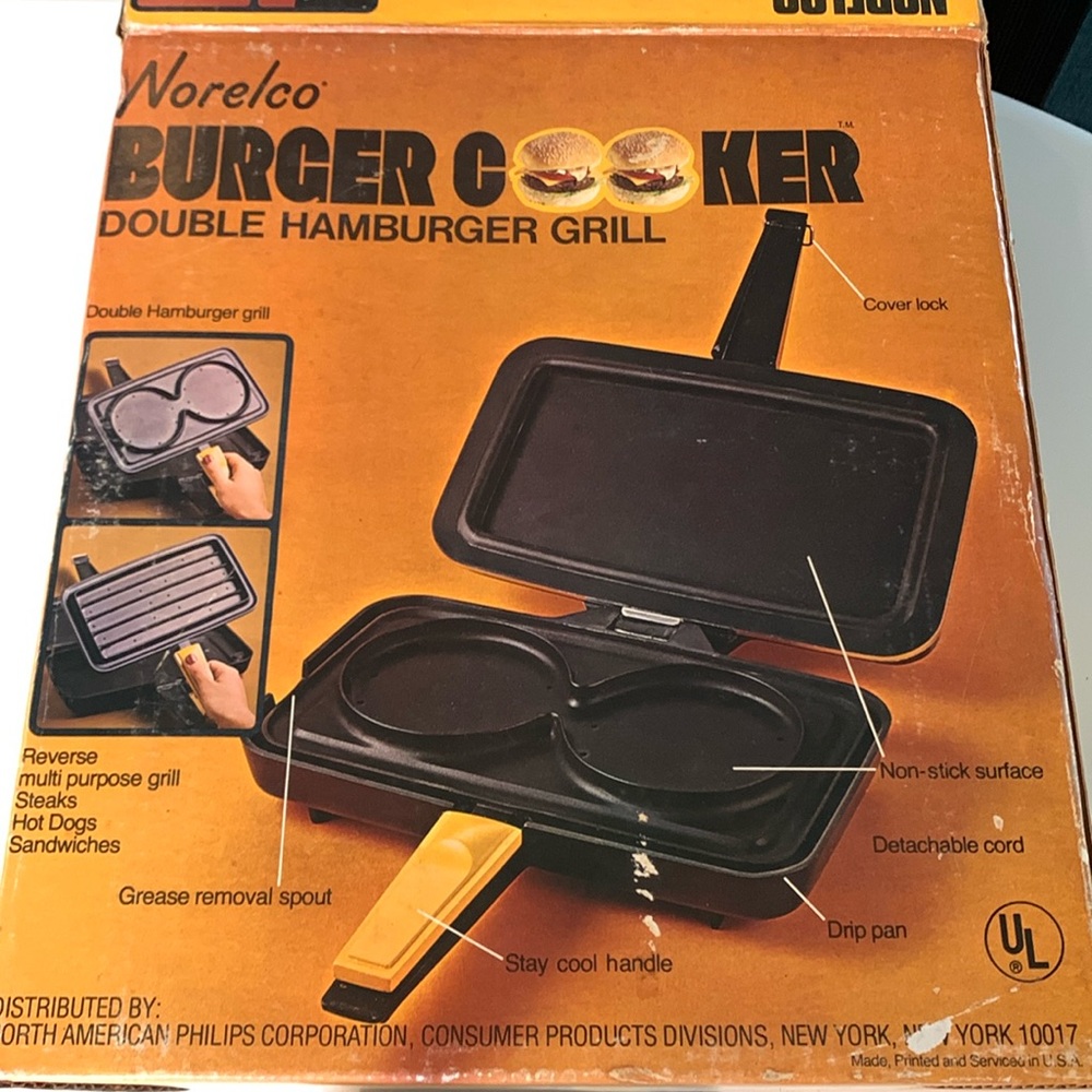 Vintage NORELCO Burger Cooker Hamburger Grill HB2222 NEW NOS open box TESTED